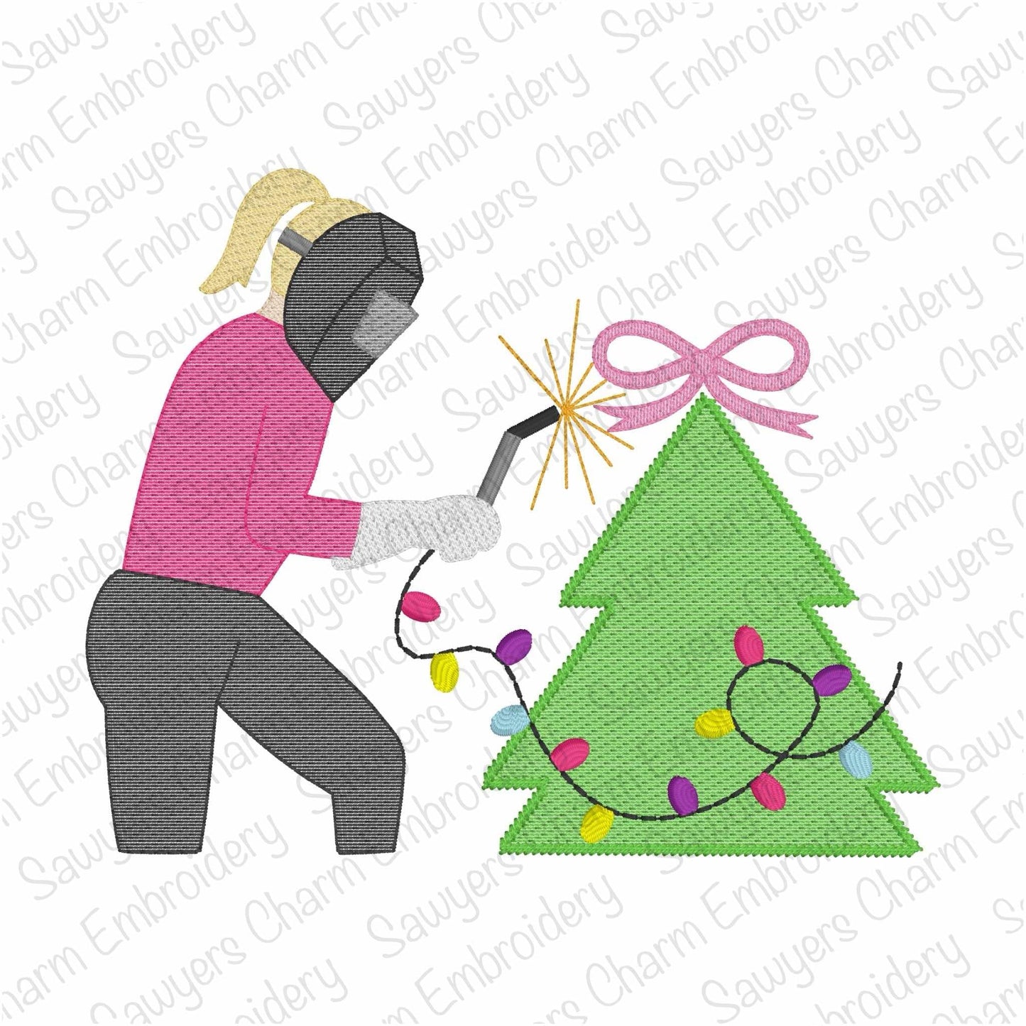 Christmas tree girl welder with coquette bow, ponytail & lights sketch stitch machine embroidery design, holidays, Merry Christmas, welding