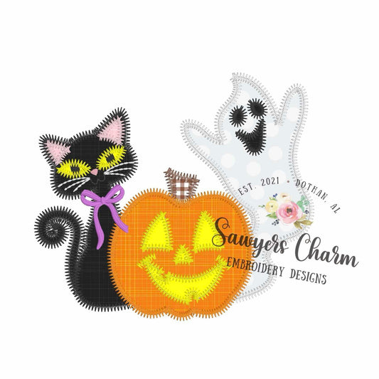 BUNDLE Cat, jackolantern, ghost zigzag stitch trio machine applique embroidery design, Halloween, spooky season, fall, includes coquette bow