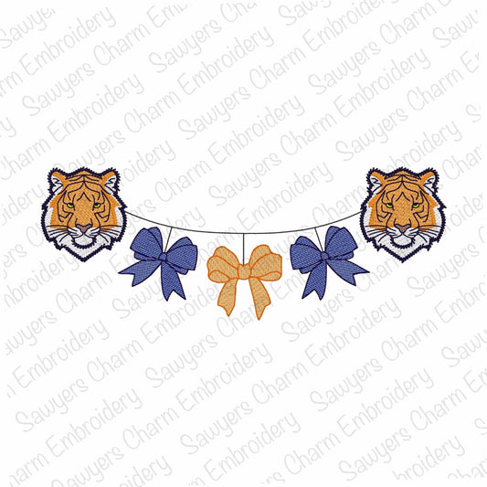 Tiger face & coquette bows bunting banner sketch stitch machine embroidery design, college university, fall sports fan, cheerleading, dance