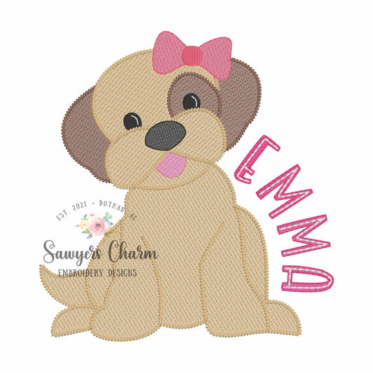 Puppy dog with coquette bow machine embroidery design, Sketch stitch