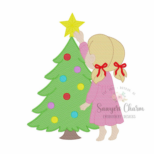 Little girl putting star on Christmas tree sketch stitch machine embroidery design, happy holidays, Merry Christmas, ornaments, coquette bow