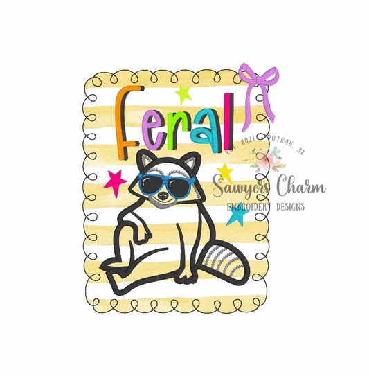Feral Raccoon bean stitch applique BUNDLE, machine embroidery design, with/without coquette bow, satin stitch star doodles