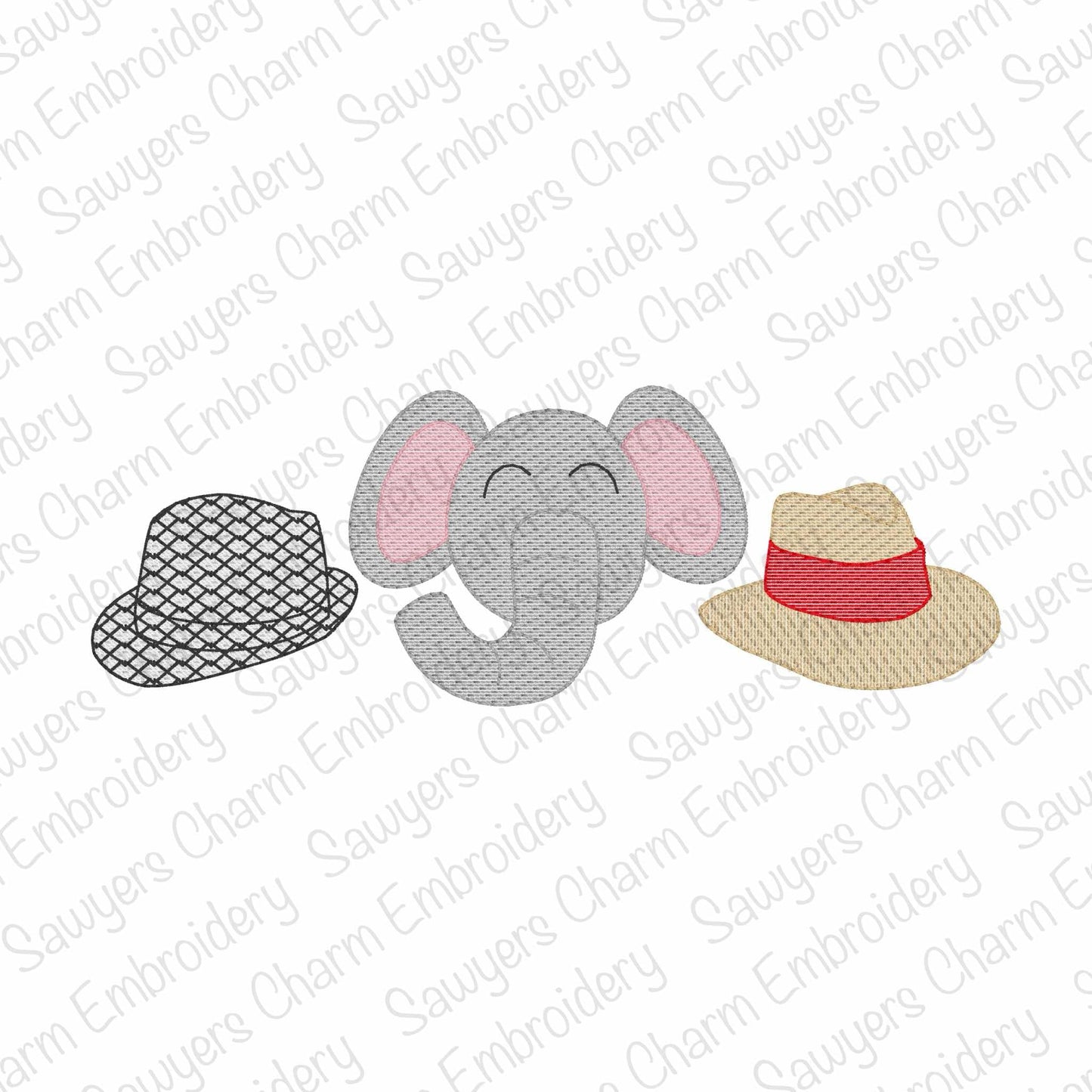 Hounds tooth hat, elephant mascot, straw hat sketch stitch trio, machine embroidery design, quick stitch, college university sports legends