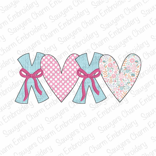 BUNDLE XOXO hearts with coquette bows zig zag & bean stitch applique, machine embroidery design, Valentine's Day love