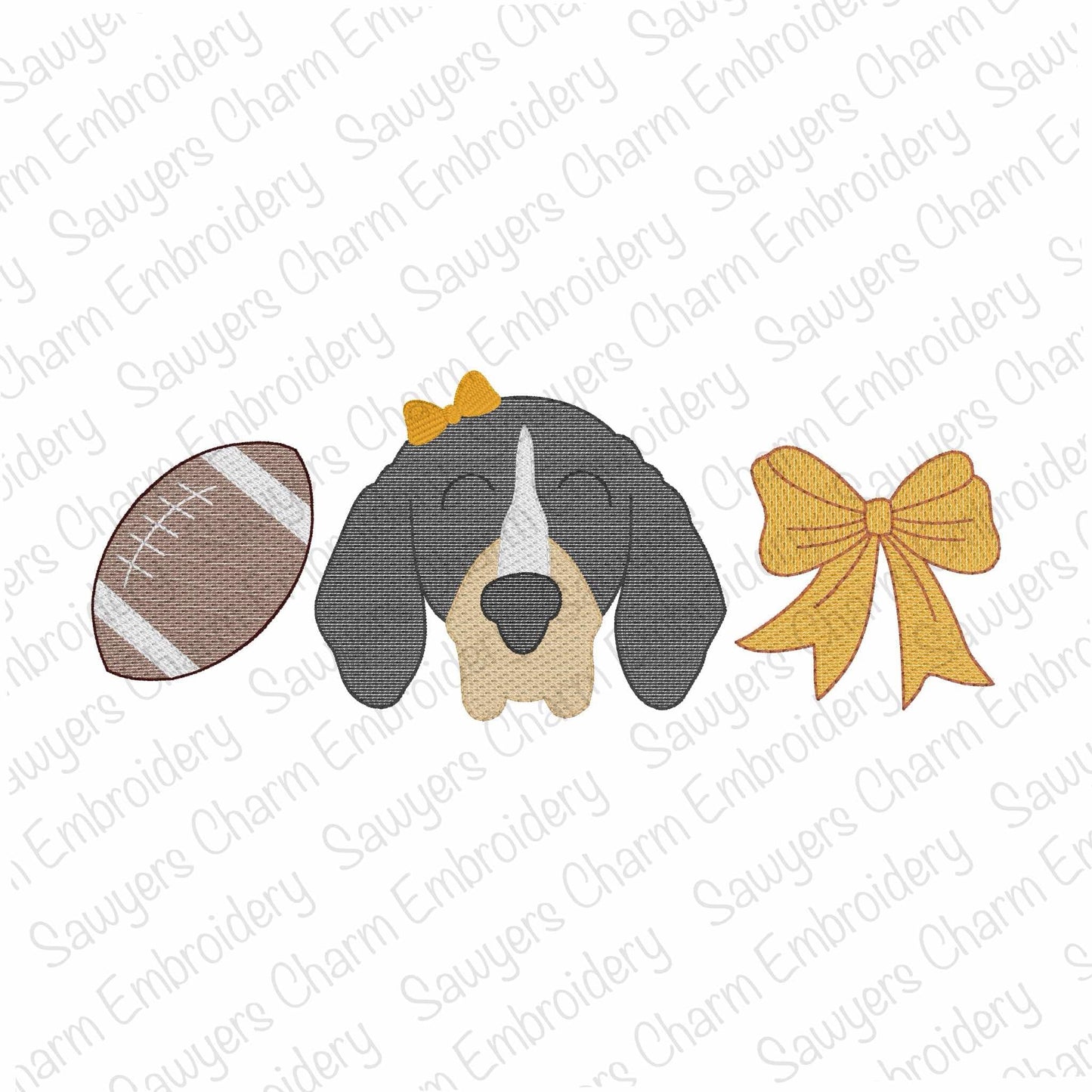 Dog face with a football, yellow bow, and gold bow on a white background with 'Sauyer's Charm Embroidery' watermark.
