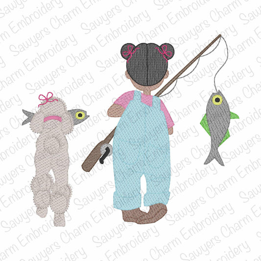 Embroidery design of a girl with a llama and fishing rod on a white background.