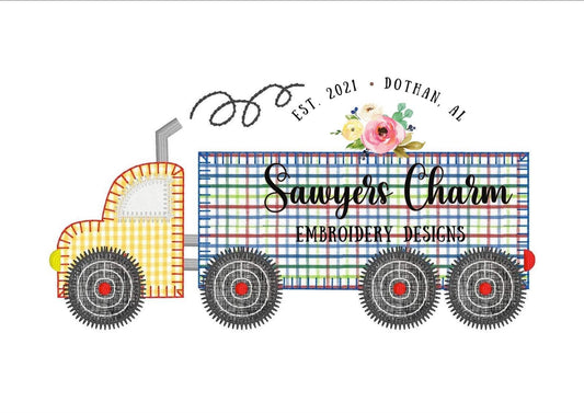 Semi big truck machine applique embroidery design file, zig zag/blanket stitch, transportation vehicle, hauler