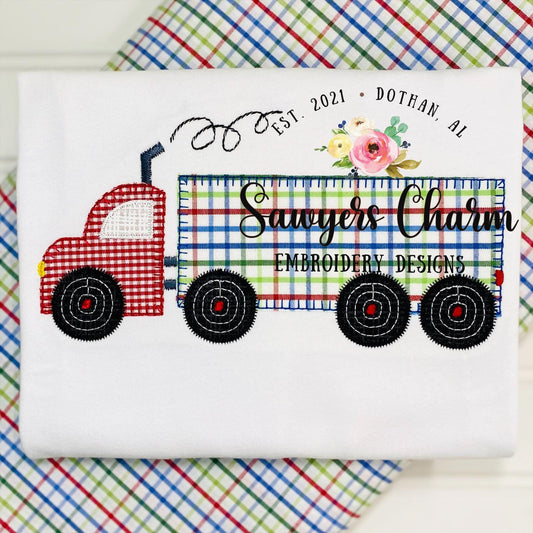 Semi big truck machine applique embroidery design file, zig zag/blanket stitch, transportation vehicle, hauler