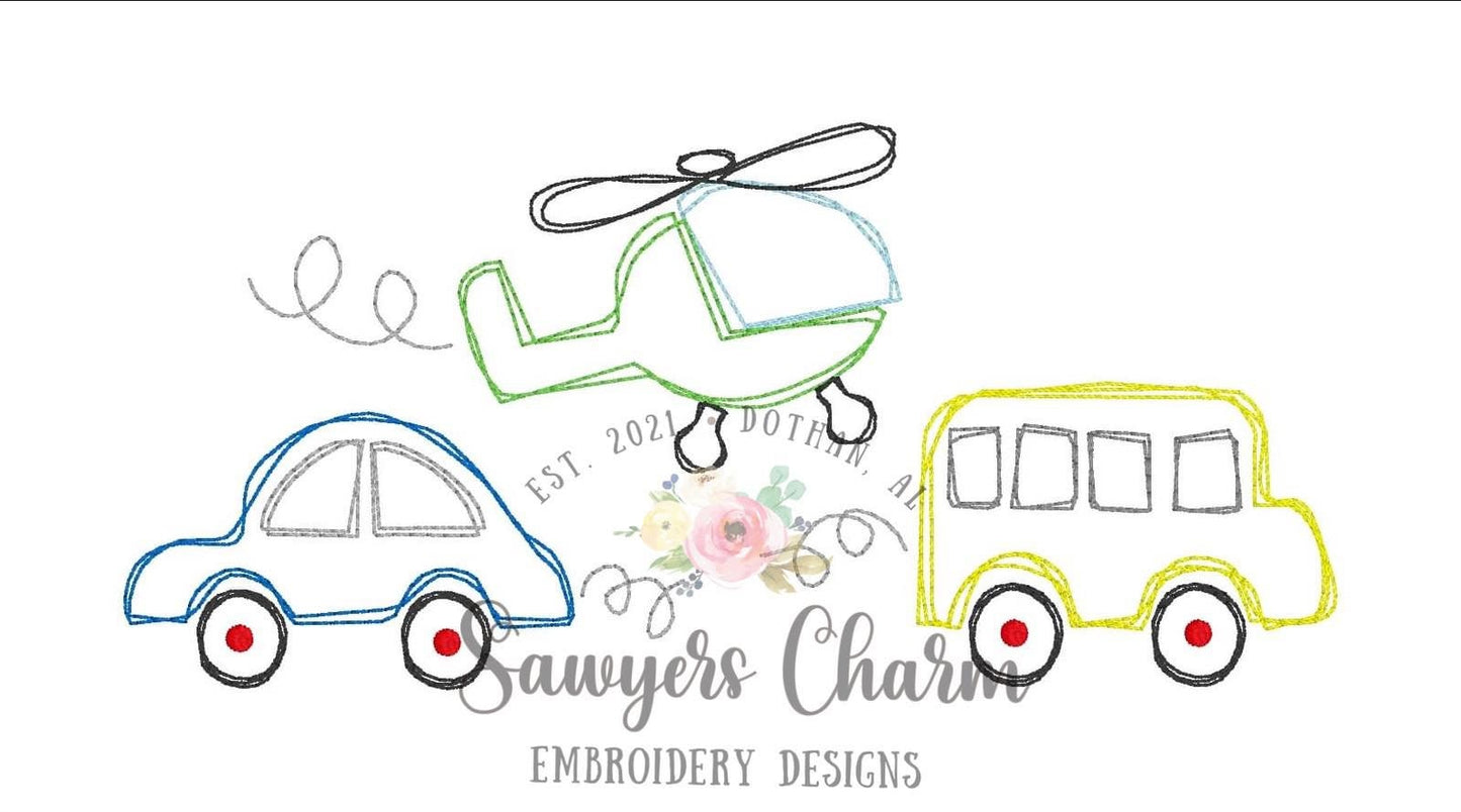 Squiggly transportation vehicles trio quick stitch, vintage style, bean stitch machine embroidery design file, car, bus, helicopter