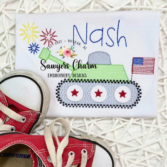 Sketch patriotic, fourth of july, red white and blue, army tank fireworks vintage and bean quick stitch machine embroidery design file