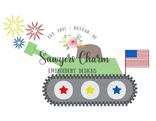 Sketch patriotic, fourth of july, red white and blue, army tank fireworks vintage and bean quick stitch machine embroidery design file