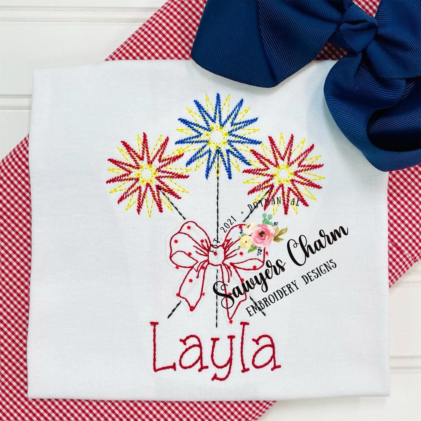 Patriotic, fourth of july, red white and blue sparklers with applique bow, machine embroidery design file, quick stitch, bean stitch