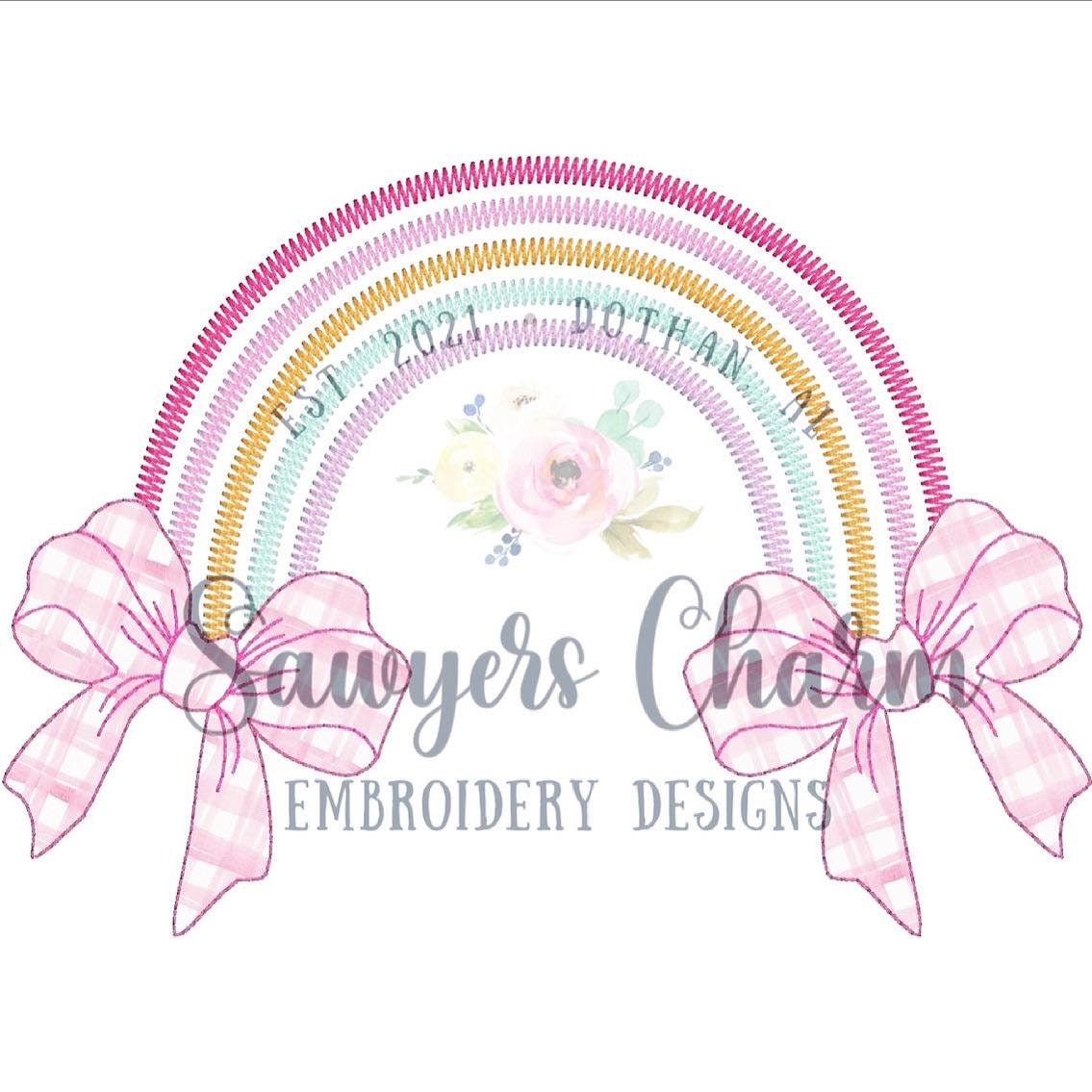 Boho rainbow zig zag with bean stitch applique bow machine embroidery design file, girls, girly, quick stitch