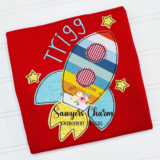 Rocket ship outer space stars bean stitch, quick stitch, vintage style, machine embroidery applique design file