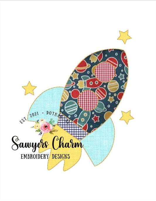 Rocket ship outer space stars bean stitch, quick stitch, vintage style, machine embroidery applique design file