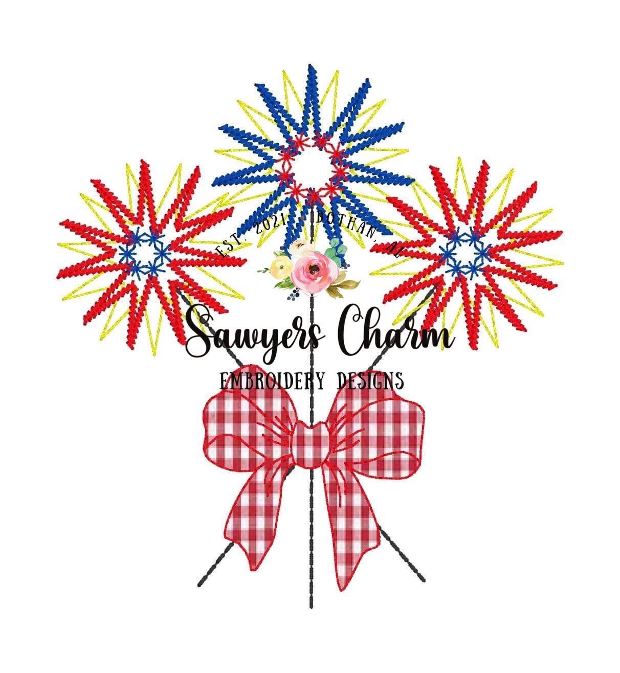 Patriotic, fourth of july, red white and blue sparklers with applique bow, machine embroidery design file, quick stitch, bean stitch