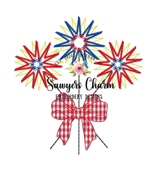 Patriotic, fourth of july, red white and blue sparklers with applique bow,  machine embroidery design file, quick stitch, bean stitch