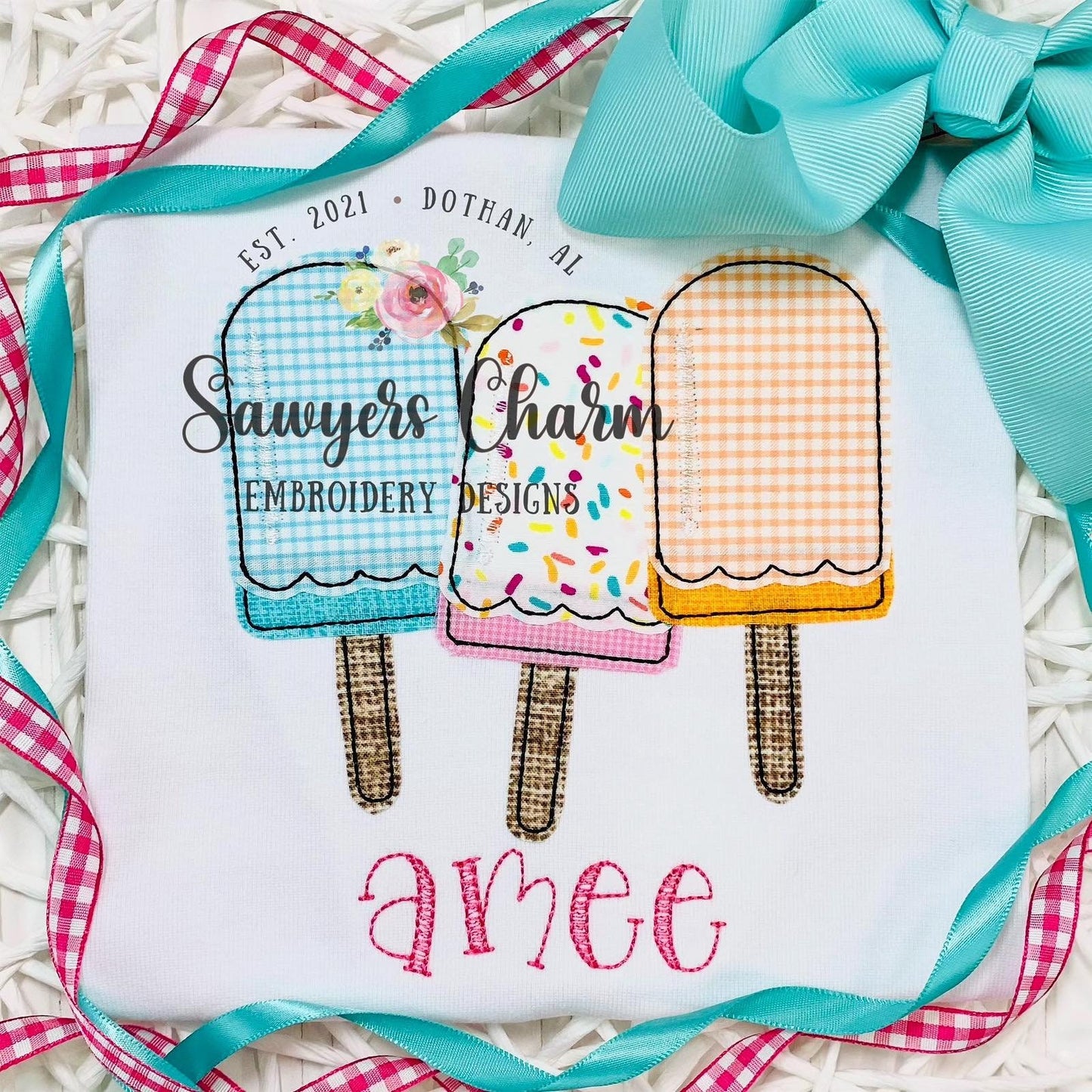 BUNDLE Popsicle trio with sprinkles bean stitch & zigzag stitch applique machine embroidery design file, summer, spring, snacks, ice cream