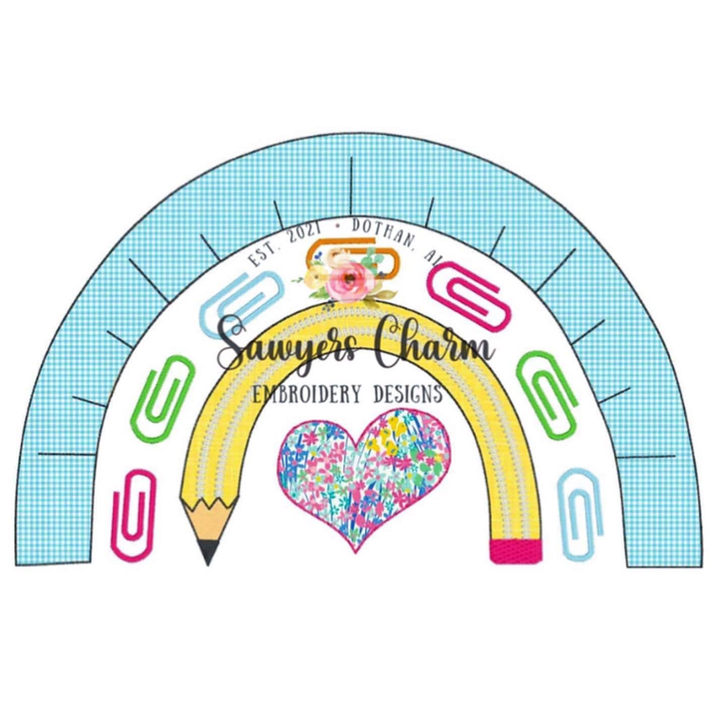 Back to school rainbow with pencil, ruler, paper clips, and apple machine applique design embroidery file, bean stitch, heart