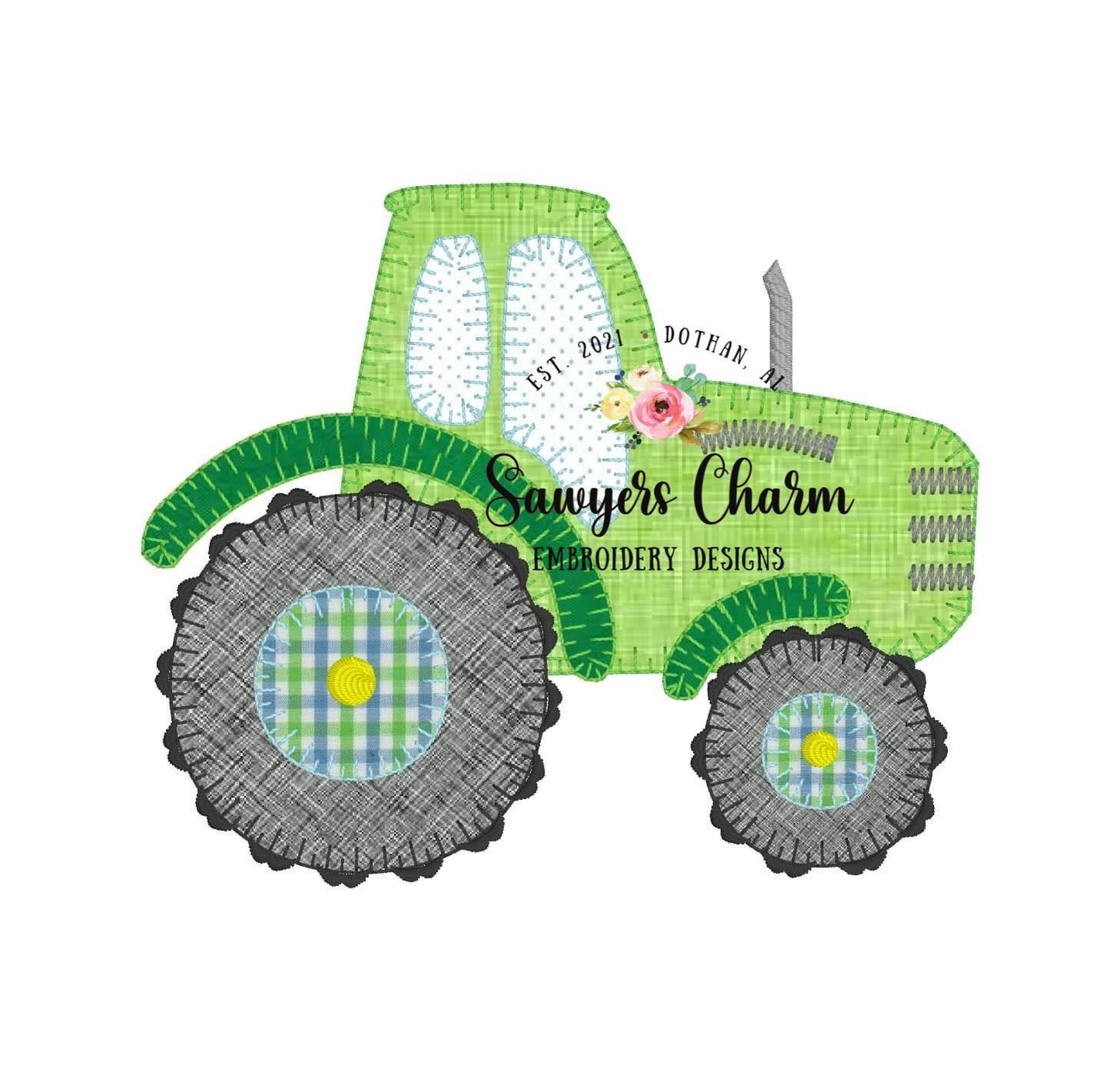 Blanket stitch tractor machine applique design embroidery file with and without clouds, vintage and satin stitch