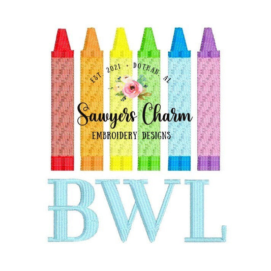 Mini back to school crayons fill stitch machine embroidery design file, quick stitch, perfect for monograms