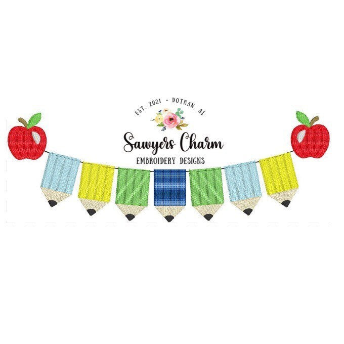 Back to school pencil/apple bunting banner machine embroidery design file, quick stitch, sketch stitch, bean stitch