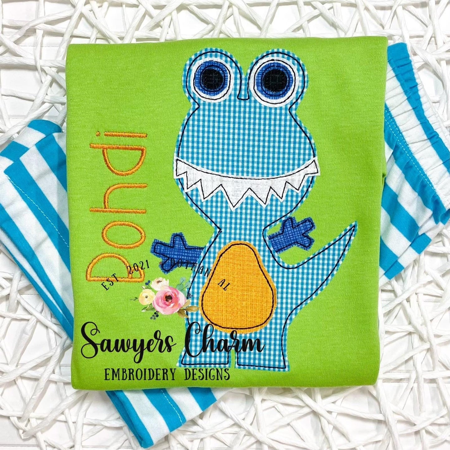 Whimsical dinosaur/monster bean stitch vintage applique machine embroidery design file