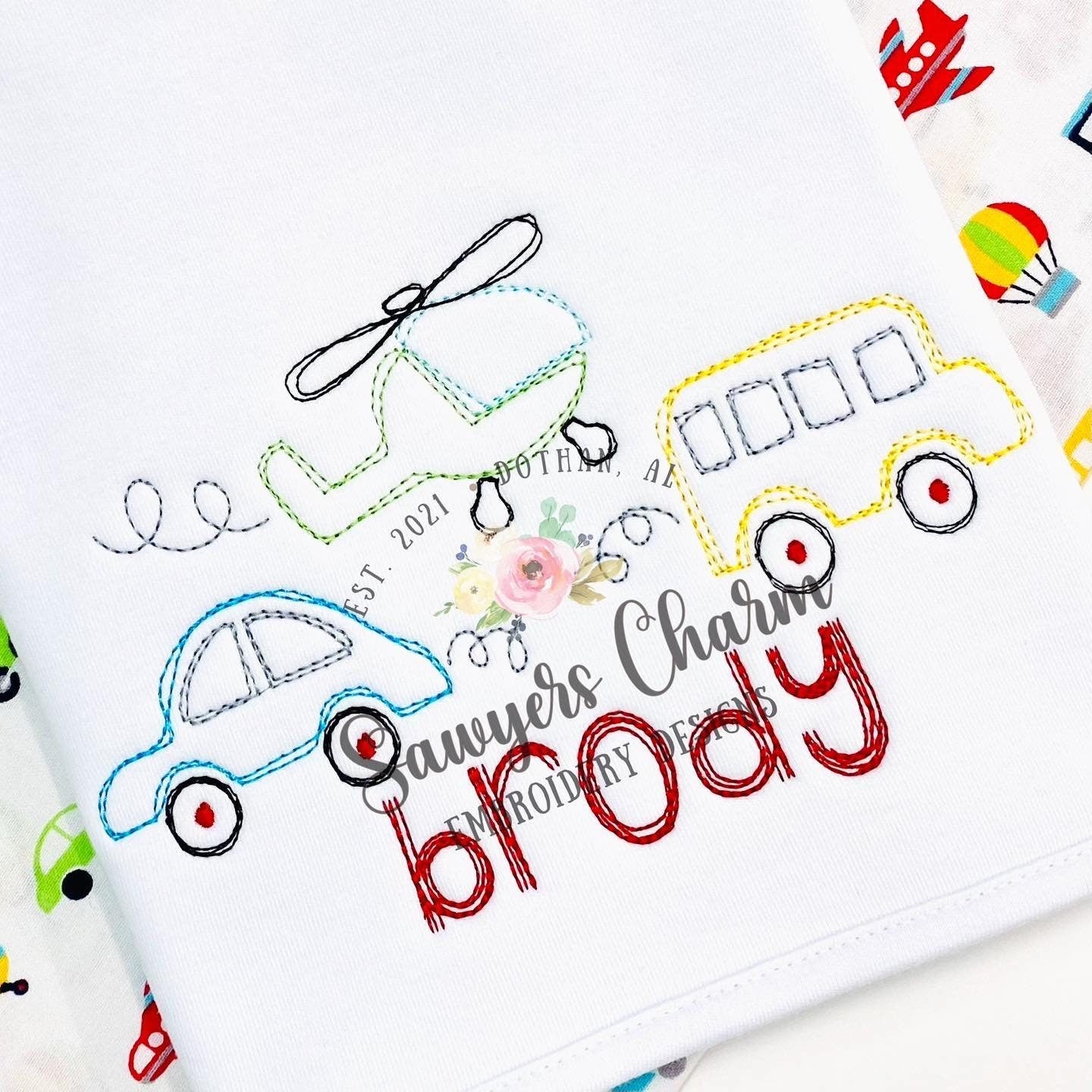 Squiggly transportation vehicles trio quick stitch, vintage style, bean stitch machine embroidery design file, car, bus, helicopter