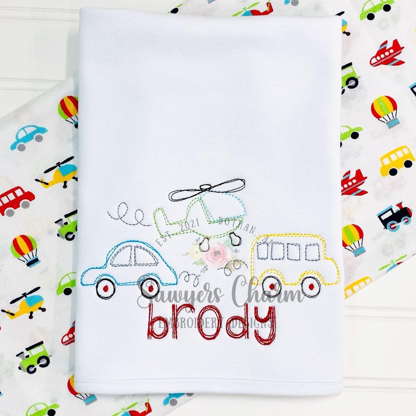 Squiggly transportation vehicles trio quick stitch, vintage style, bean stitch machine embroidery design file, car, bus, helicopter