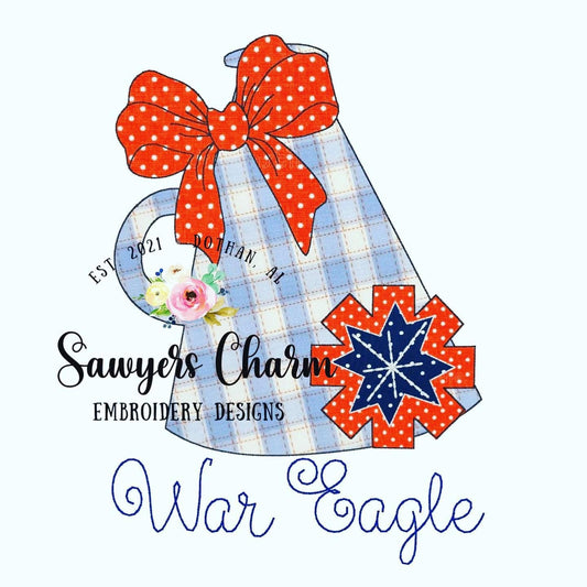 BUNDLE Megaphone/bow/pom poms, machine applique embroidery design file, bean stitch, blanket stitch, football sports cheerleading, mascot