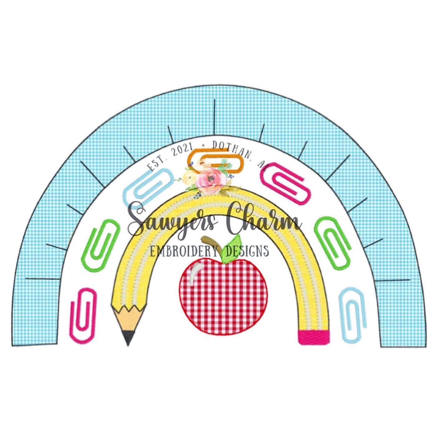 Back to school rainbow with pencil, ruler, paper clips, and apple machine applique design embroidery file, bean stitch, heart
