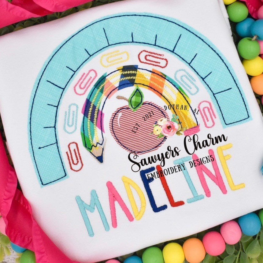 Back to school rainbow with pencil, ruler, paper clips, and apple machine applique design embroidery file, bean stitch, heart