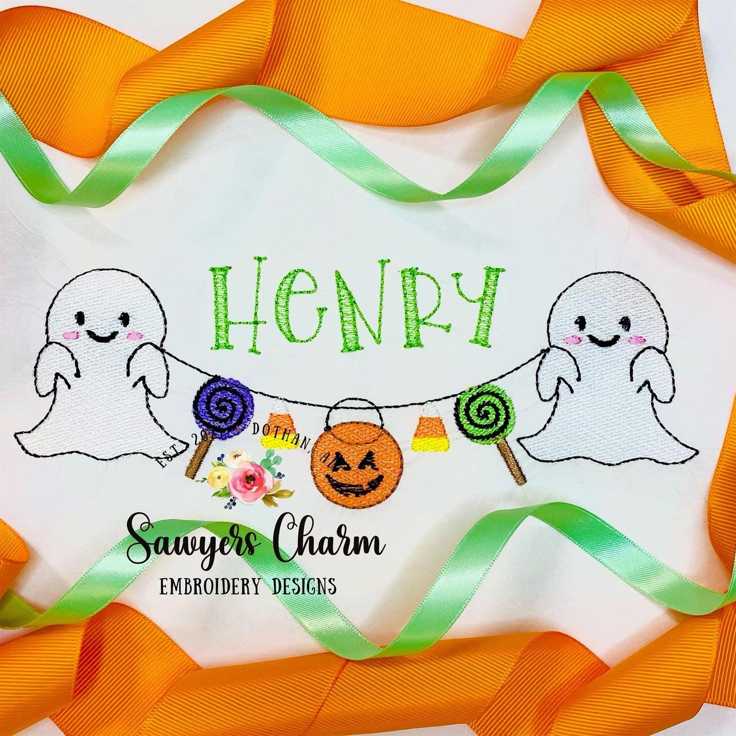 Halloween candy ghost jackolantern bunting banner sketch stitch machine embroidery design file, quick stitch, bean stitch, fall, pumpkins