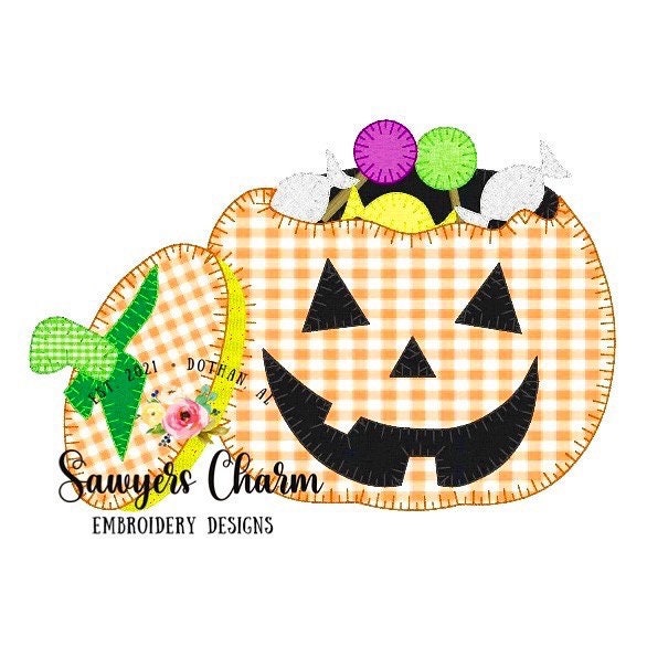 Halloween candy jackolantern pumpkin blanket stitch machine applique embroidery design, fill stitch, fall, trick or treating, candy bucket