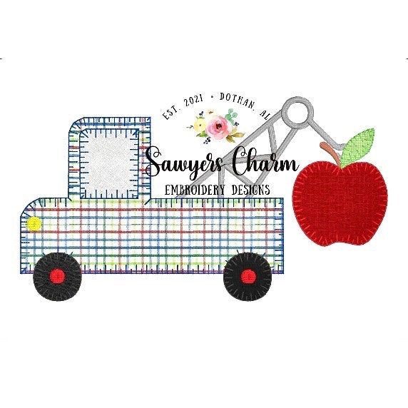 Back to school, apple tow truck machine applique design embroidery file, blanket stitch, vintage satin stitch
