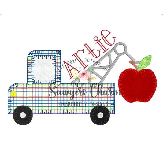 Back to school, apple tow truck machine applique design embroidery file, blanket stitch, vintage satin stitch