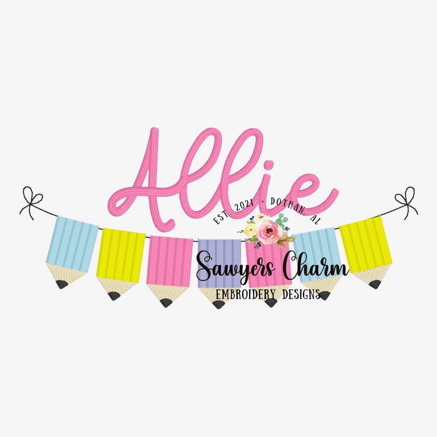 Back to school pencil/apple bunting banner machine embroidery design file, quick stitch, sketch stitch, bean stitch