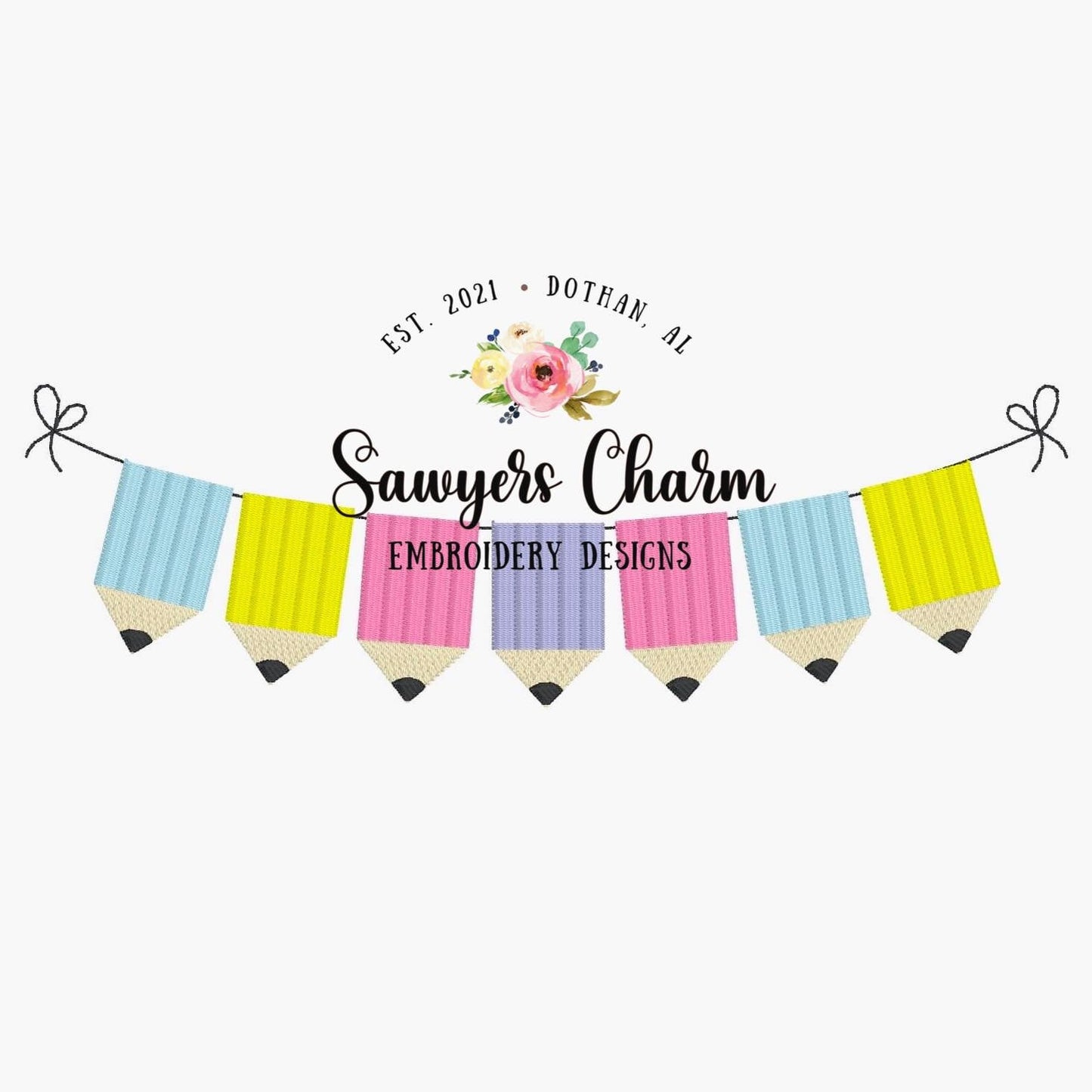 Back to school pencil/apple bunting banner machine embroidery design file, quick stitch, sketch stitch, bean stitch