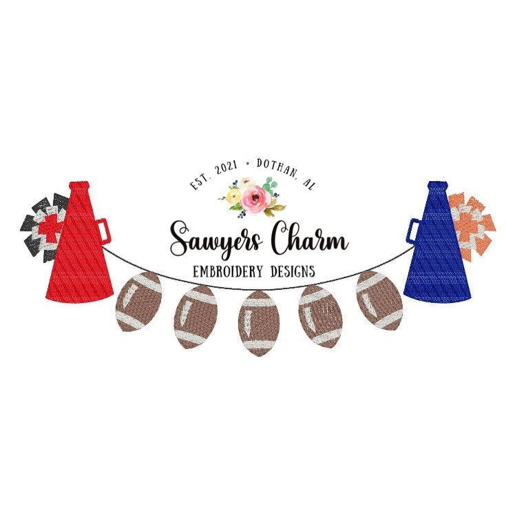 Sports football megaphone pom poms bunting banner machine sketch fill design embroidery file, quick stitch, bean stitch