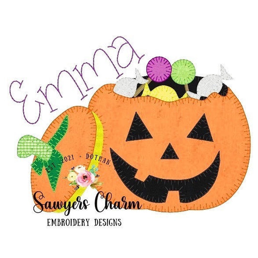 Halloween candy jackolantern pumpkin blanket stitch machine applique embroidery design, fill stitch, fall, trick or treating, candy bucket