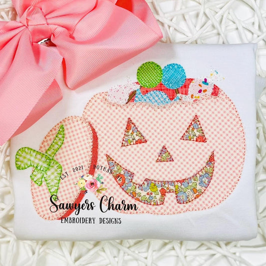 Halloween candy jackolantern pumpkin blanket stitch machine applique embroidery design, fill stitch, fall, trick or treating, candy bucket