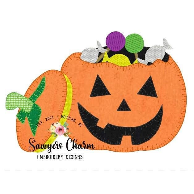 Halloween candy jackolantern pumpkin blanket stitch machine applique embroidery design, fill stitch, fall, trick or treating, candy bucket