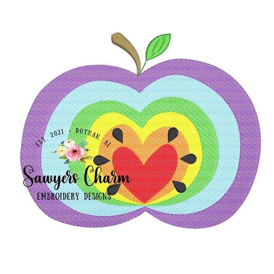 Back to school rainbow heart apple machine sketch fill design embroidery file, quick stitch, bean stitch