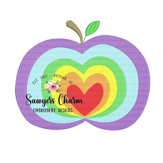 Back to school rainbow heart apple machine sketch fill design embroidery file, quick stitch, bean stitch
