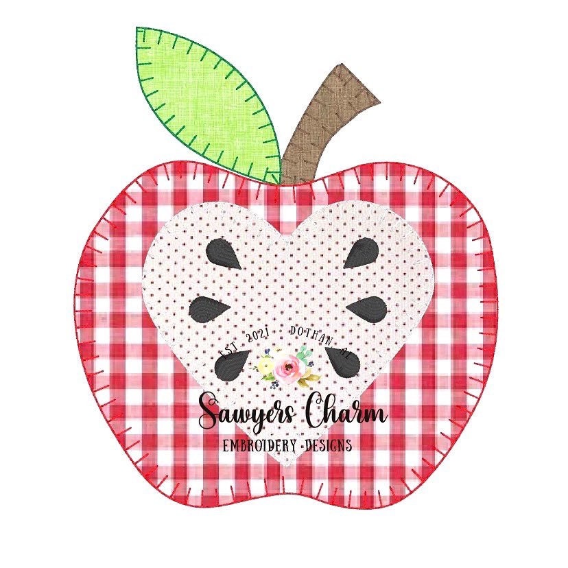 Back to school apple heart machine applique design embroidery file, blanket stitch AND bean stitch