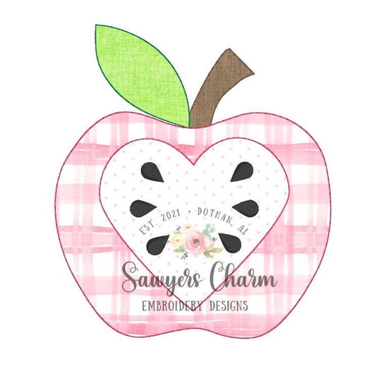 Back to school apple heart machine applique design embroidery file, blanket stitch AND bean stitch