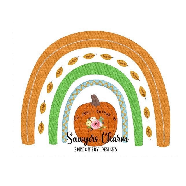 Fall/autumn boho pumpkin rainbow with leaves machine sketch fill design embroidery file, bean stitch, satin stitch, vintage stitch