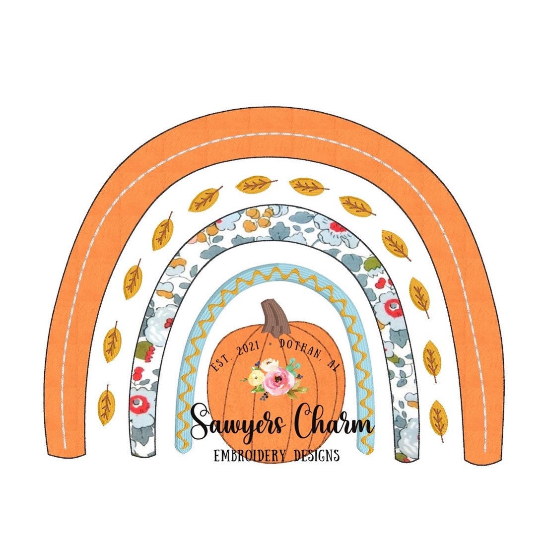 Fall/autumn boho pumpkin rainbow with leaves machine applique design embroidery file, bean stitch, satin stitch, zigzag