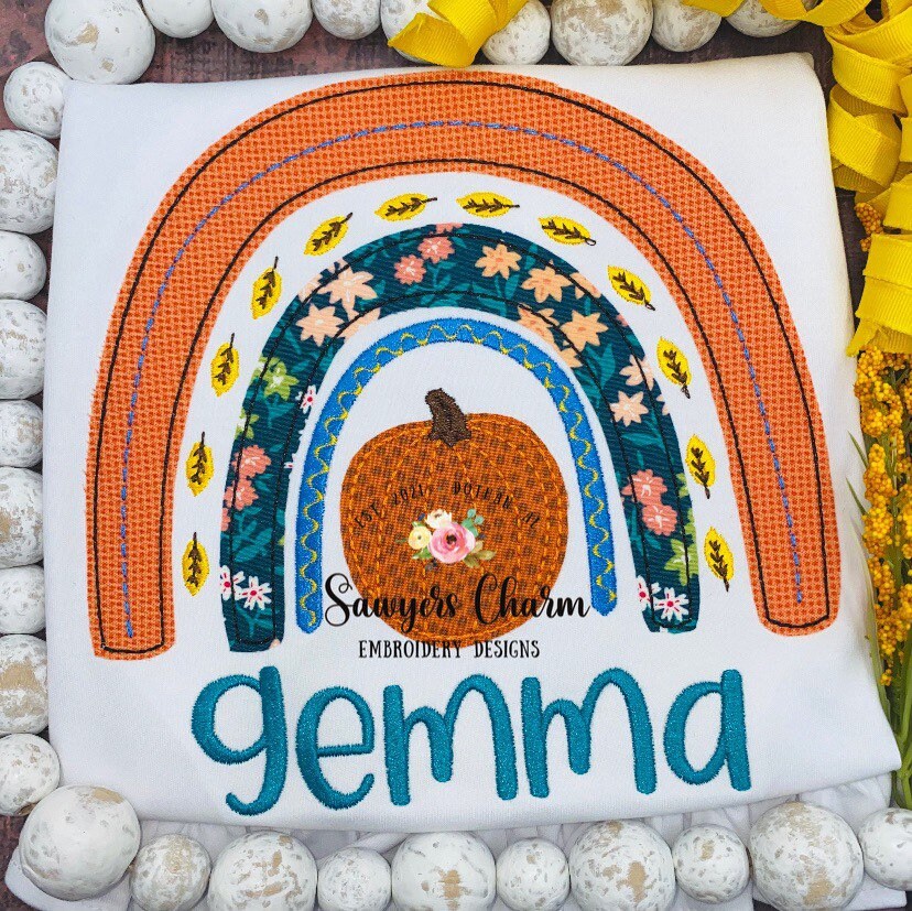 BUNDLE Fall/autumn boho pumpkin rainbow with leaves machine sketch fill design embroidery file AND bean stitch applique design, satin stitch