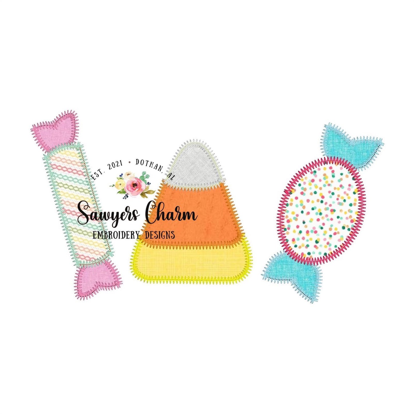 Halloween candy trio,candy corn bean stitch AND zigzag machine applique design embroidery file, quick stitch, trick or treating, fall